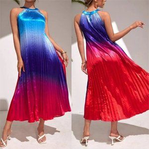 Print Pleated Satin Halter Ombre Dress